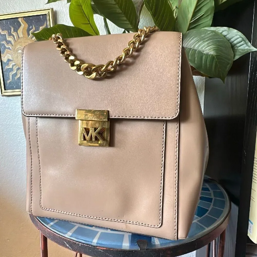 Michael Kors tan MK Backpack Gold chain